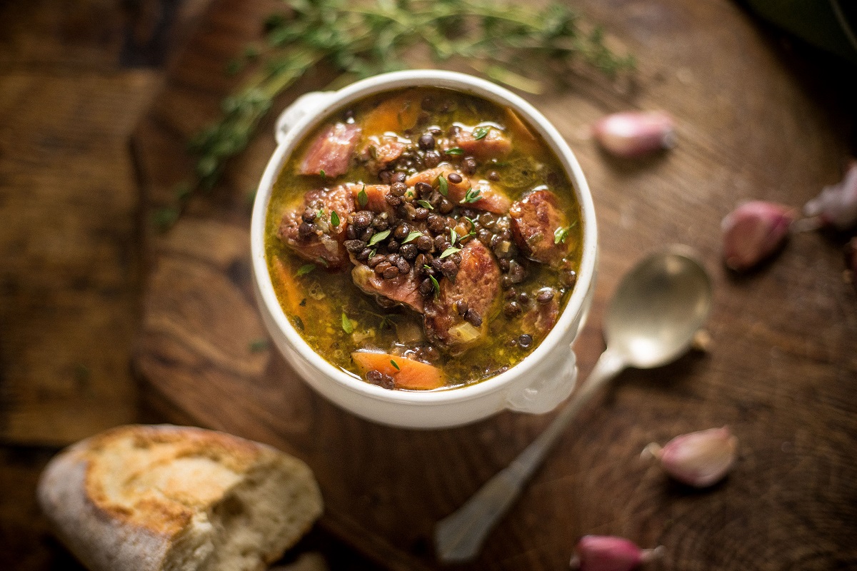 Pork hock and beluga lentil soup