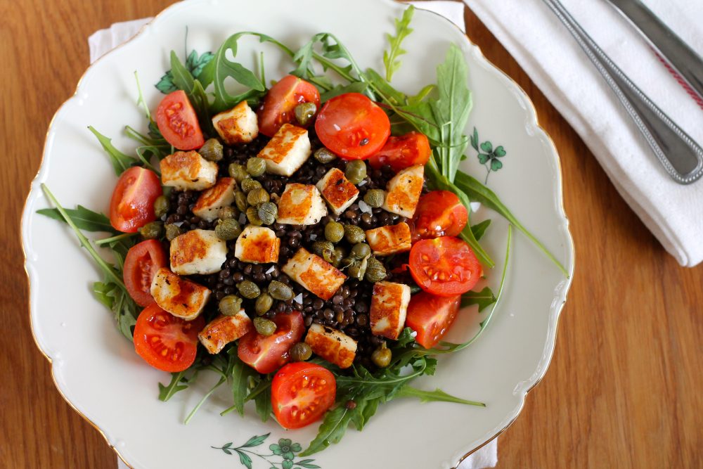 Beluga Lentils with Halloumi and capers