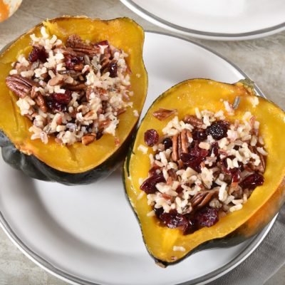 Baked pumpkin Stuffed with parboiled & wild rice, cranberries and pecans